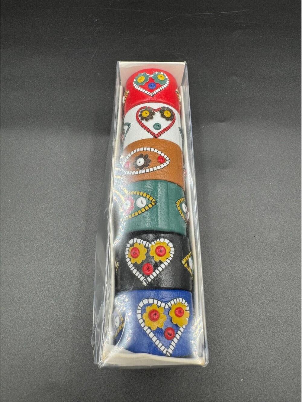 Vintage Hand-Painted Leather Napkin Rings Set of 6 Folk Art Heart Flower Boxed